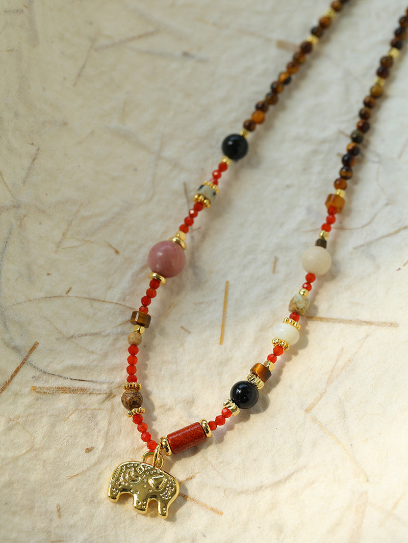 Summer Elephant Pendant Stone Beaded Necklace-Gembea Jewelry