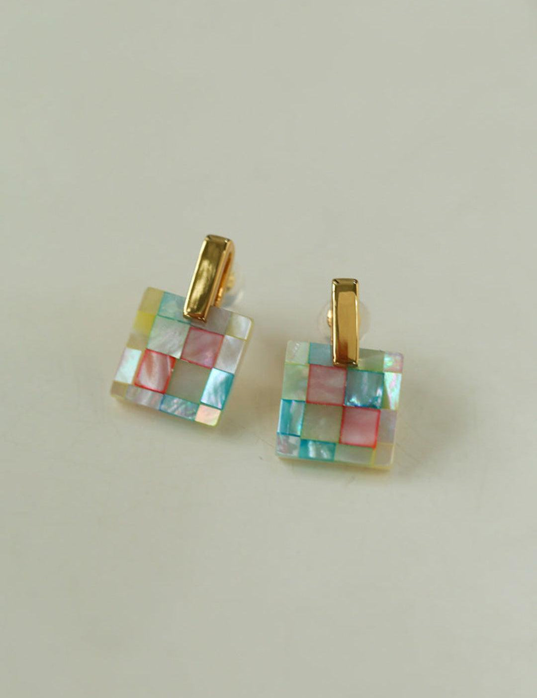 Splice white Mother of Pearl Checkerboard Earrings - Gembea Jewelry
