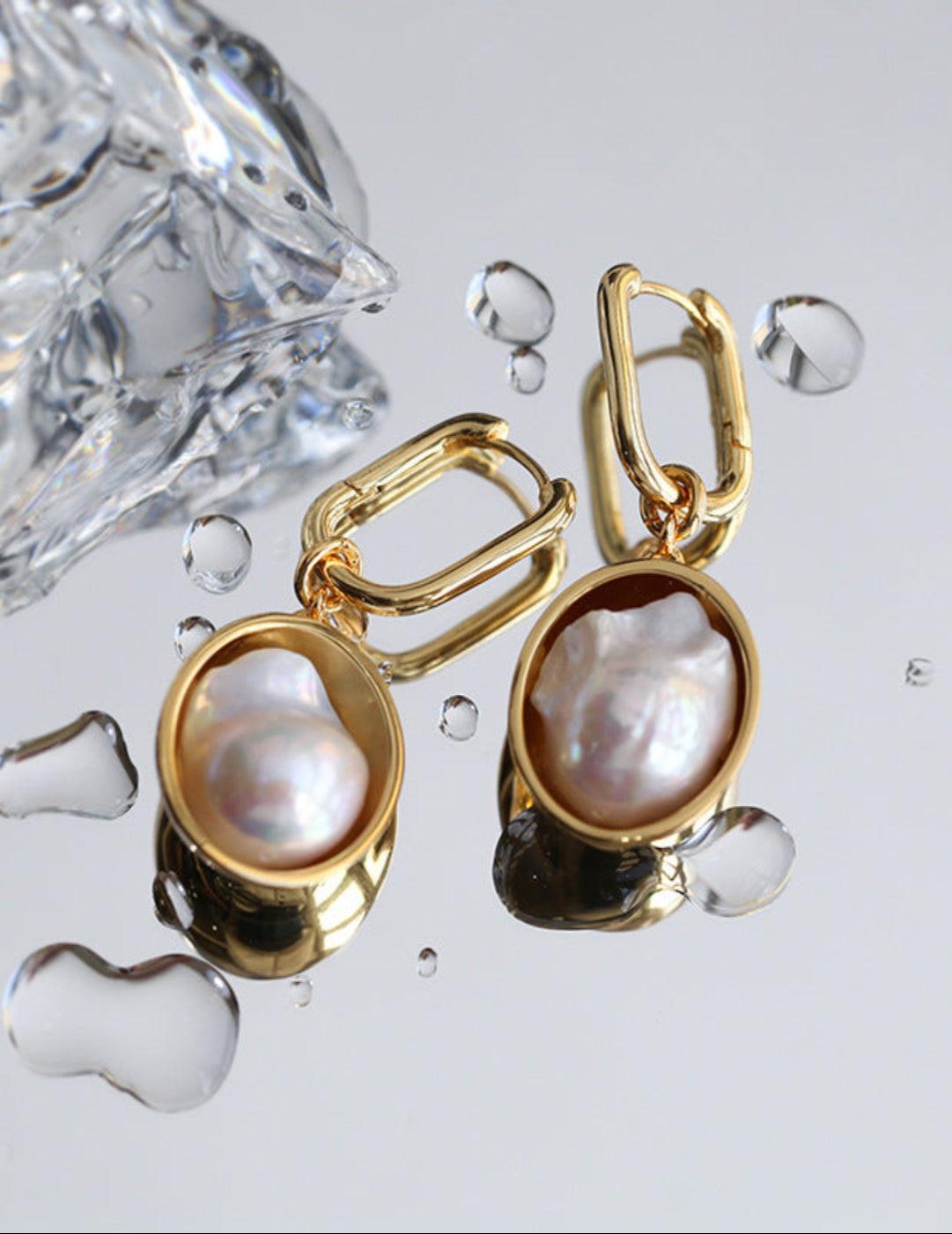 Oval Pendant Baroque Shaped Pearl Earrings - Gembea Jewelry