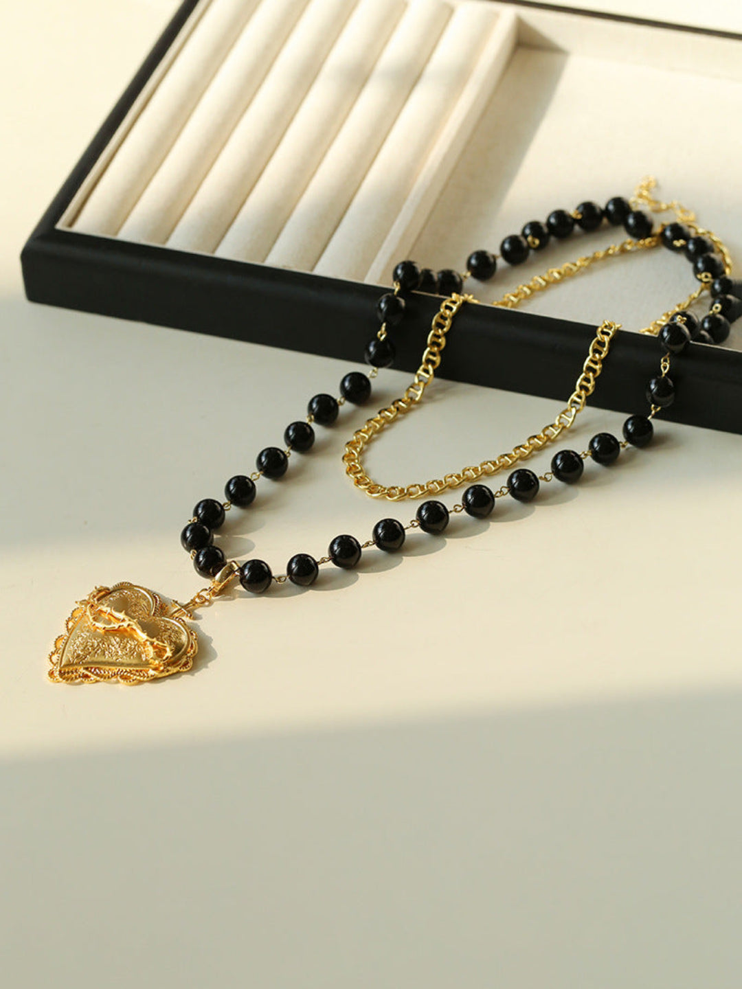 Double Layer Black Agate Large Love Pendant Necklace