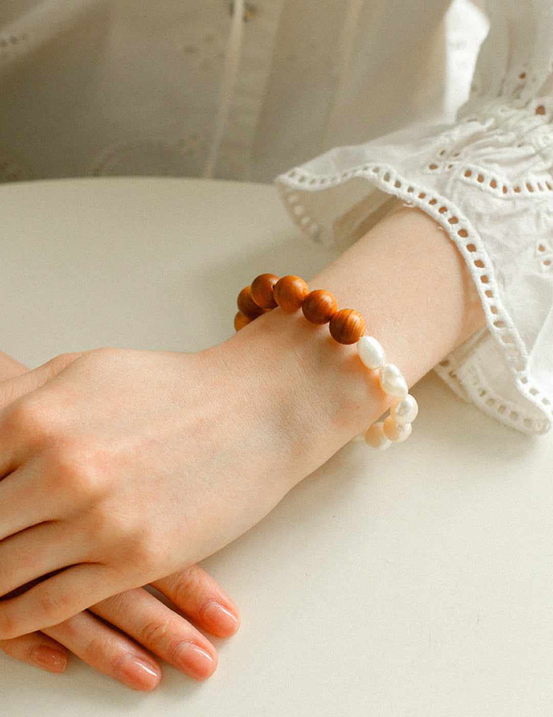 Wood Grain Bead Baroque Pearl Bracelet-Gembea Jewelry