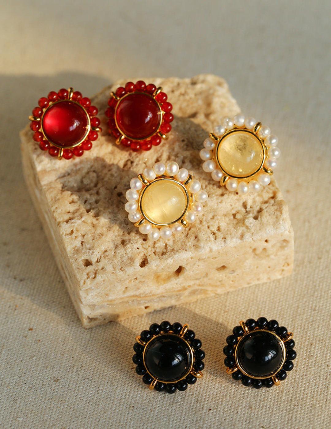 White Crystal Black and Red Agate Stud Earrings - Gembea Jewelry