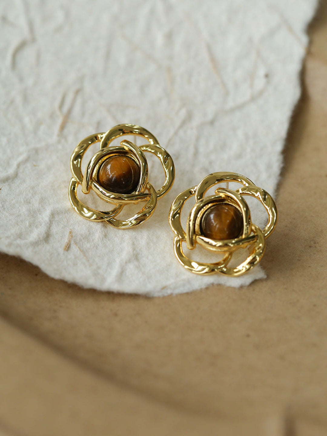 Tiger Eye Gemstone Camellia Earrings