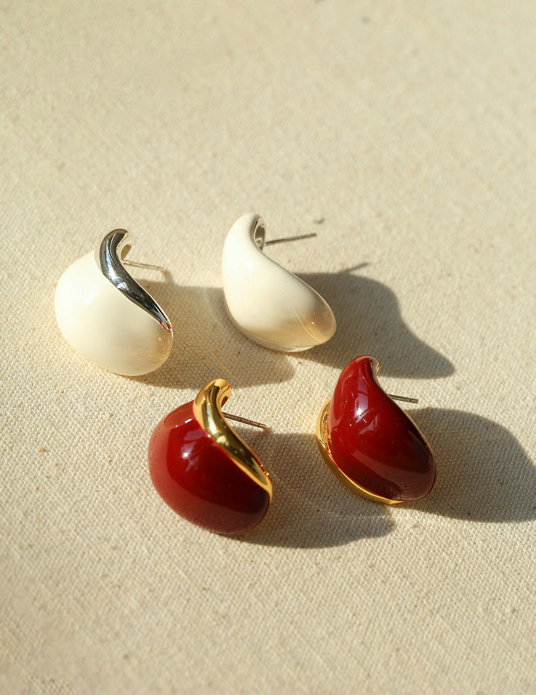 Cream White Wine Red Enamel Earrings