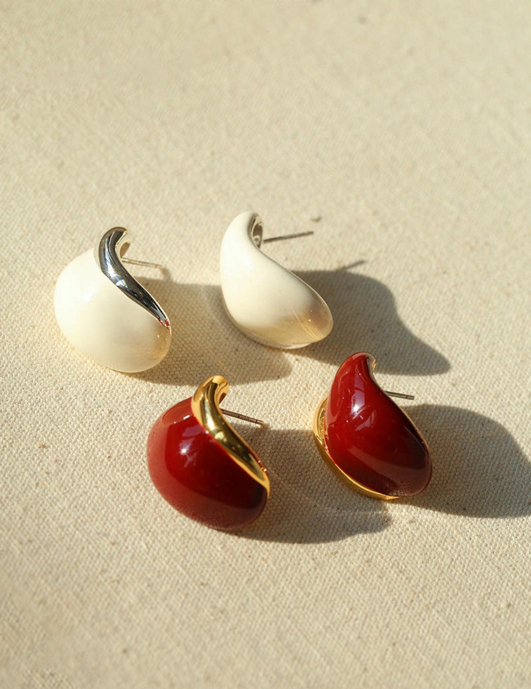 Cream White Wine Red Enamel Earrings - Gembea Jewelry