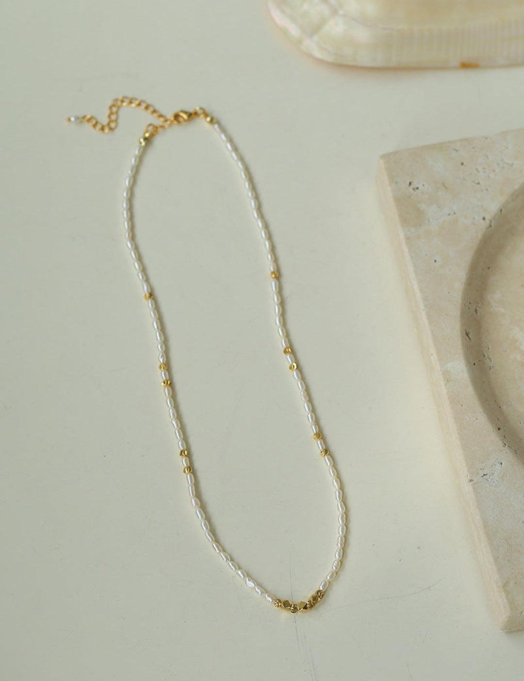 Small Golden Ball Rice Pearl Necklace - Gembea Jewelry