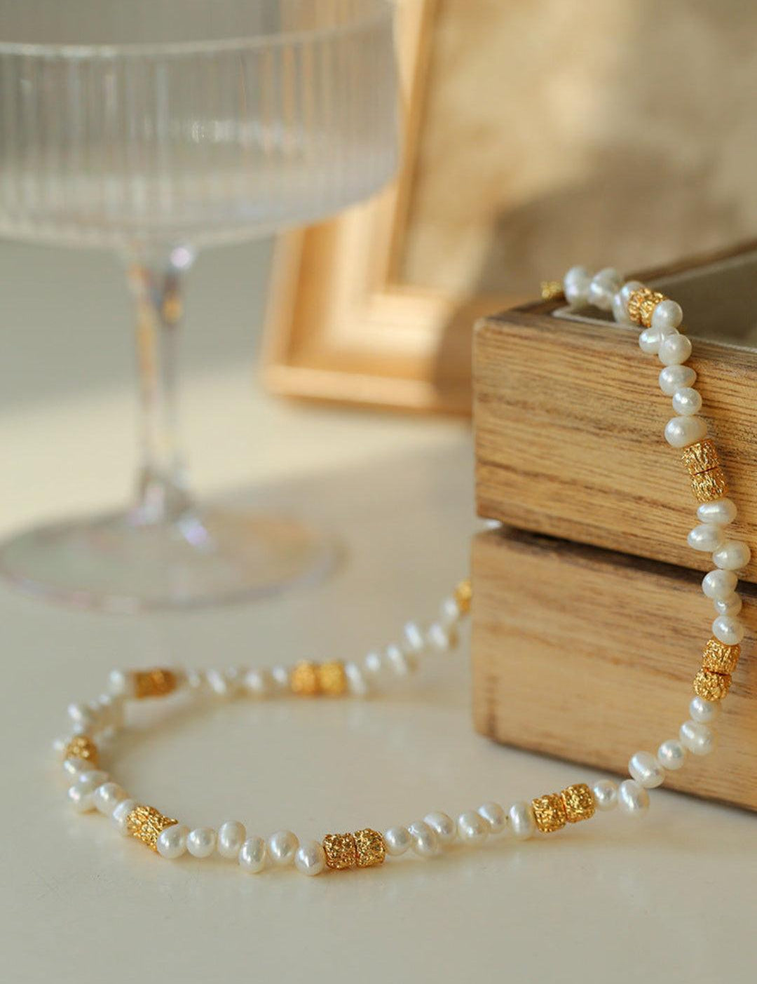 Lava Metal Gold Beans Scattered Pearl Necklace - Gembea Jewelry