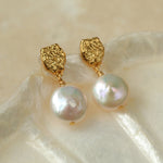 Irregular Gold Coin Button Pearl Earrings