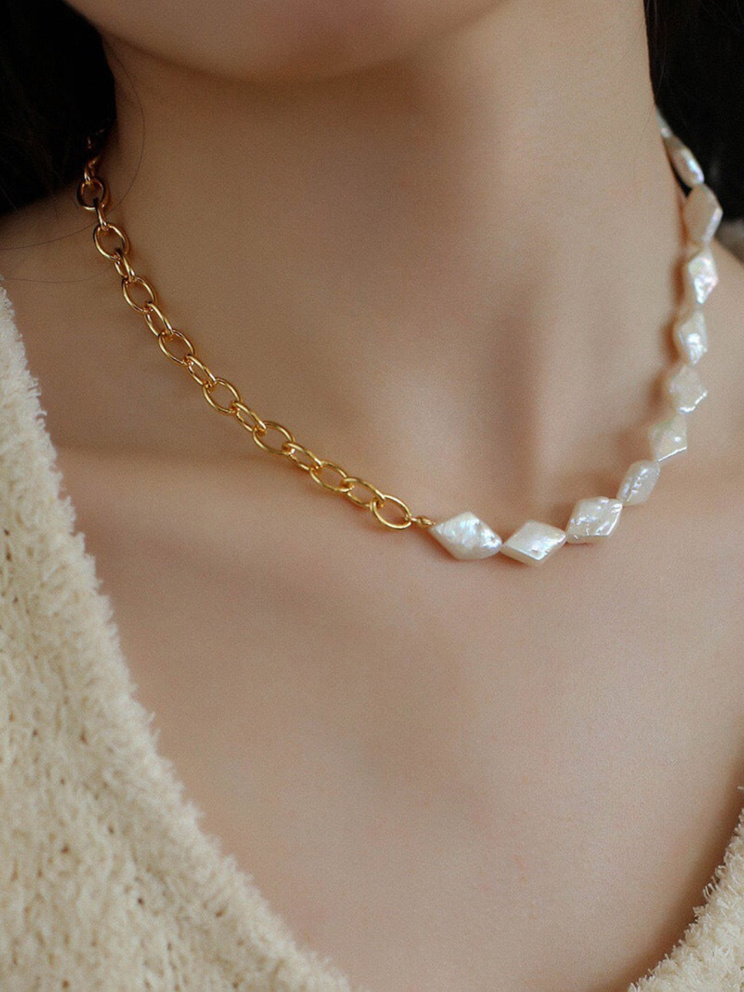 Diamond Baroque Chain Pearl Necklace