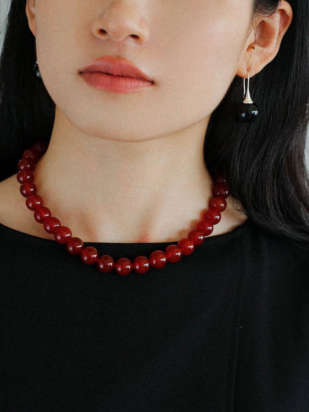 Vintage Red Agate Round Bead Necklace - Gembea Jewelry