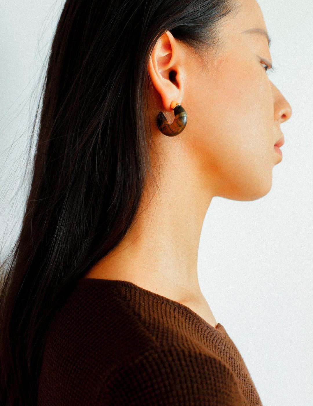 Black Agate Tiger Eye Stone Moon Bud Earrings - Gembea Jewelry