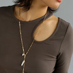 Rectangular Metal Chain Baroque Pearl Y Necklace