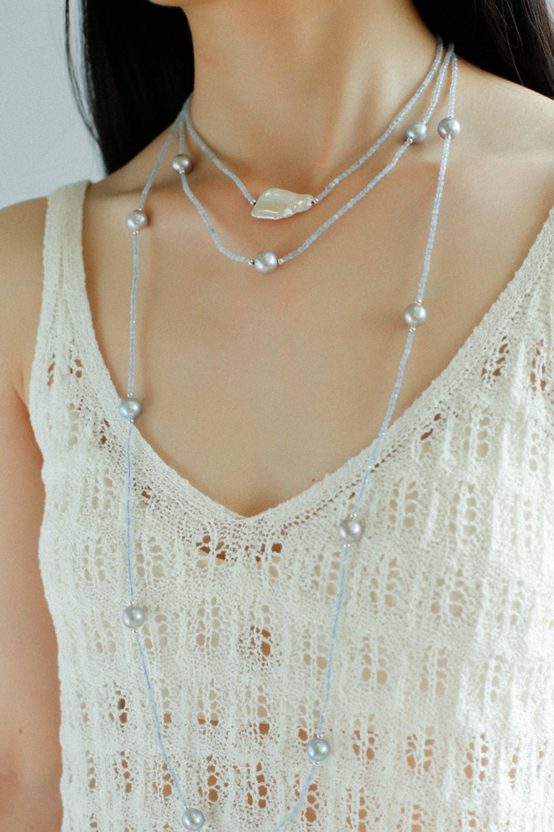 Aquamarine Series Baroque Pearl Ultra Long Necklace