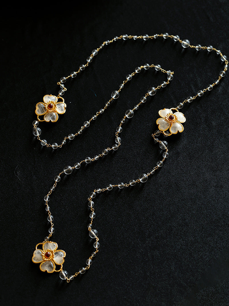 Classic White crystal Four-leaf Clover Long Necklace