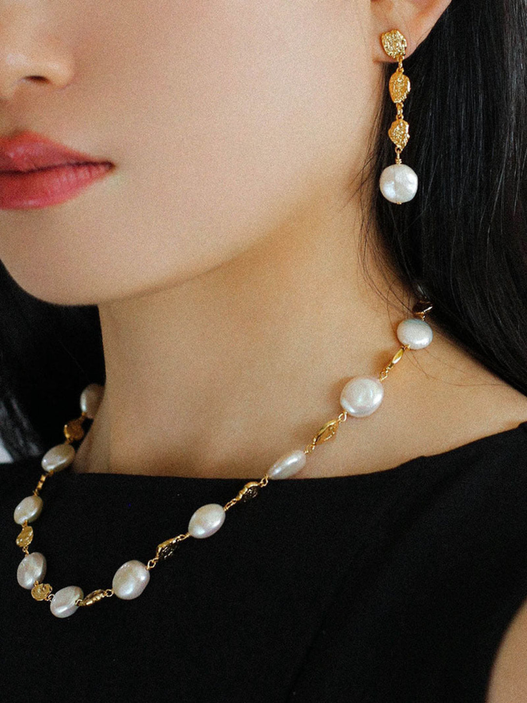 Irregular Gold Coin Button Pearl Earrings