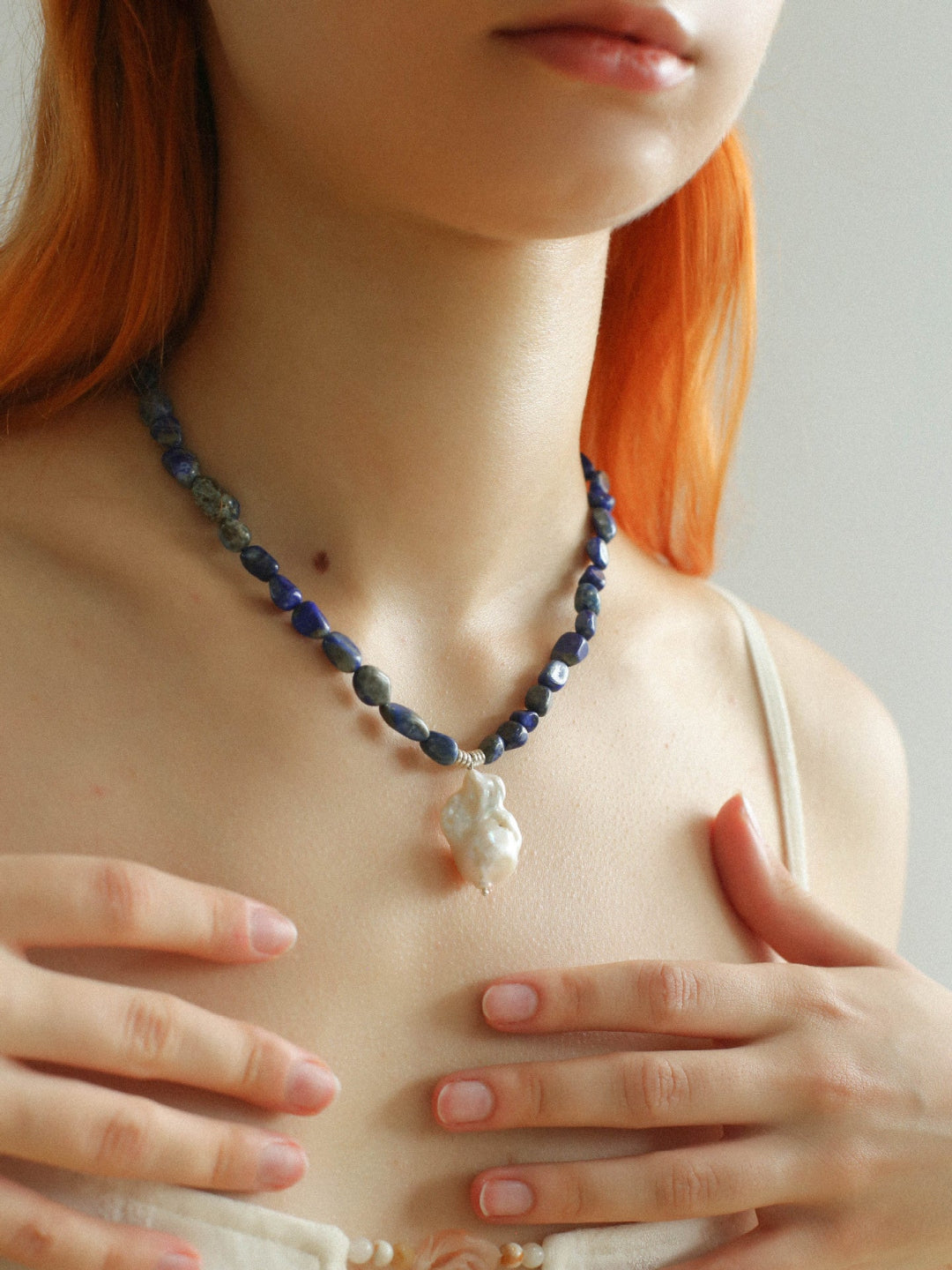 Shaped Lapis Lazuli Stone Baroque Pearl Necklace