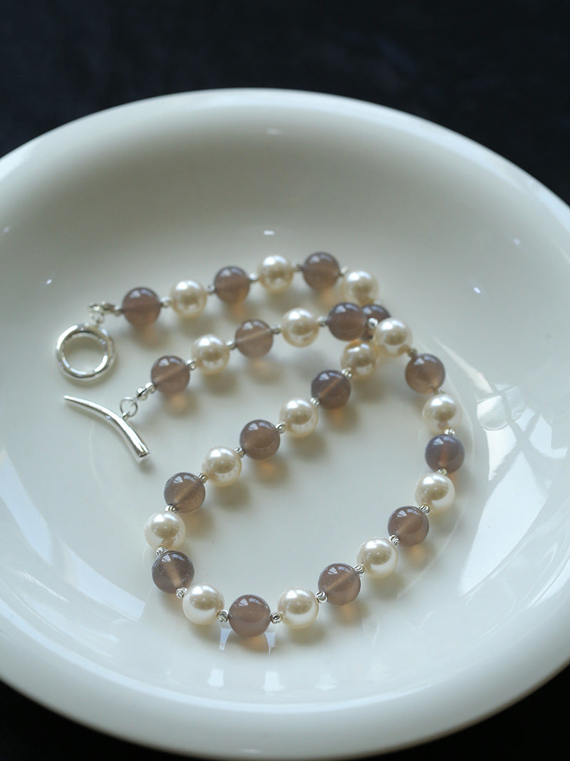 Grey Agate Artificial Pearl Beaded Necklace-Gembea Jewelry