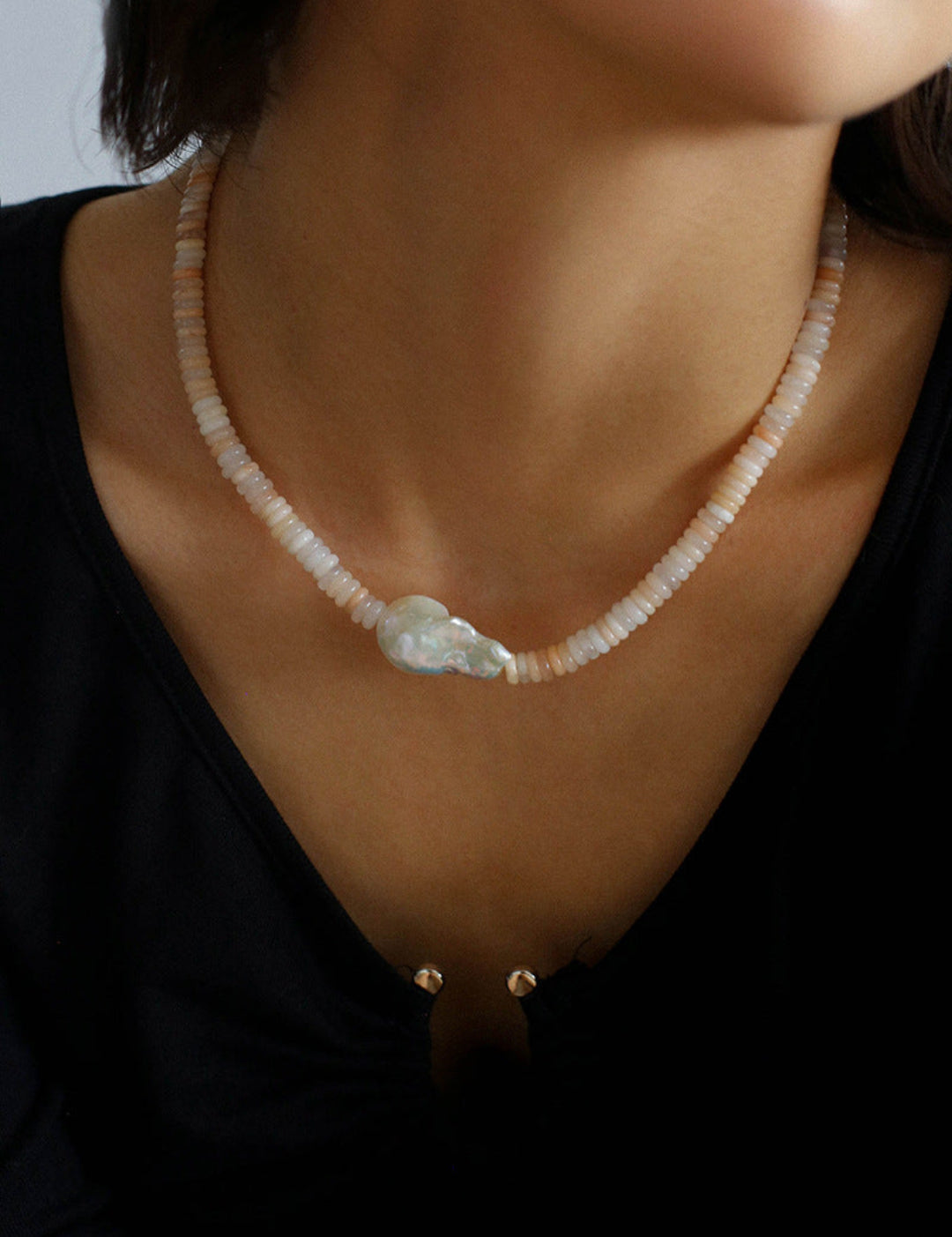 Gembea Jewelry Pink Stone Beaded Baroque Pearl Necklace