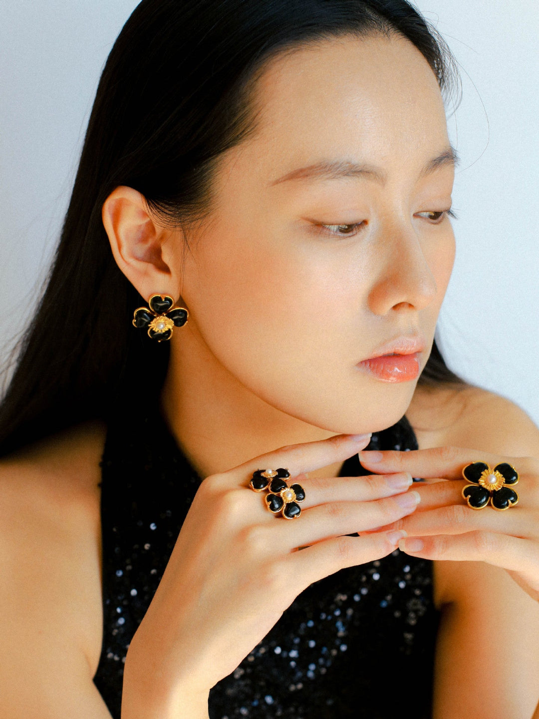 Double Four Leaf Clover Black Agate Crystal Ring