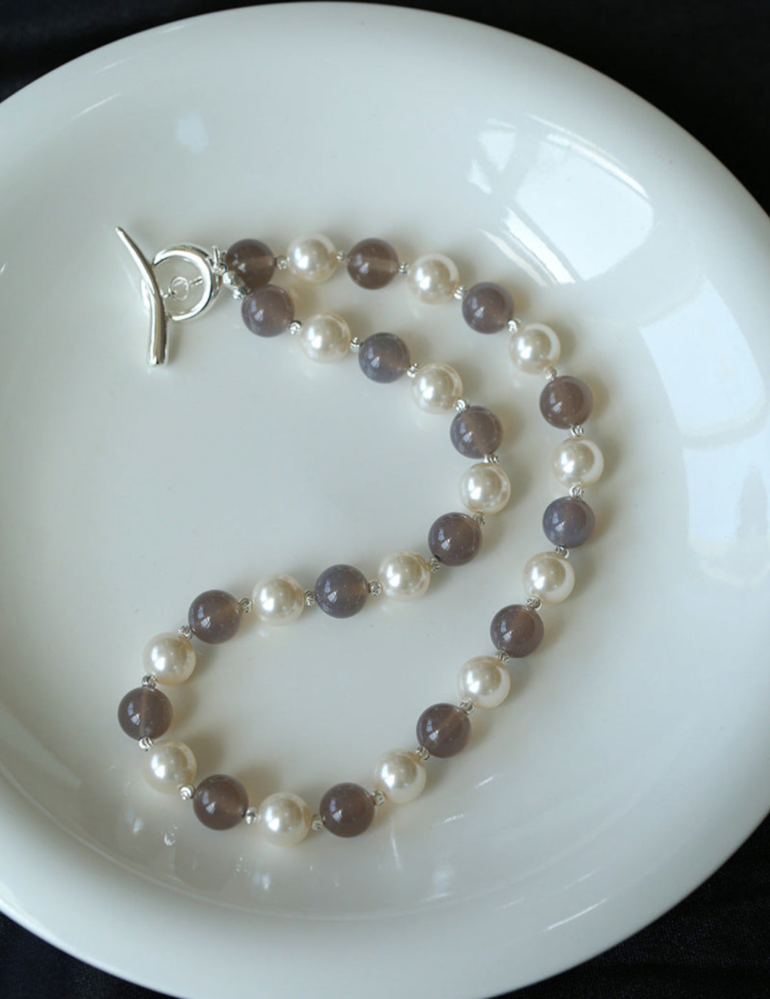 Grey Agate Artificial Pearl Beaded Necklace-Gembea Jewelry
