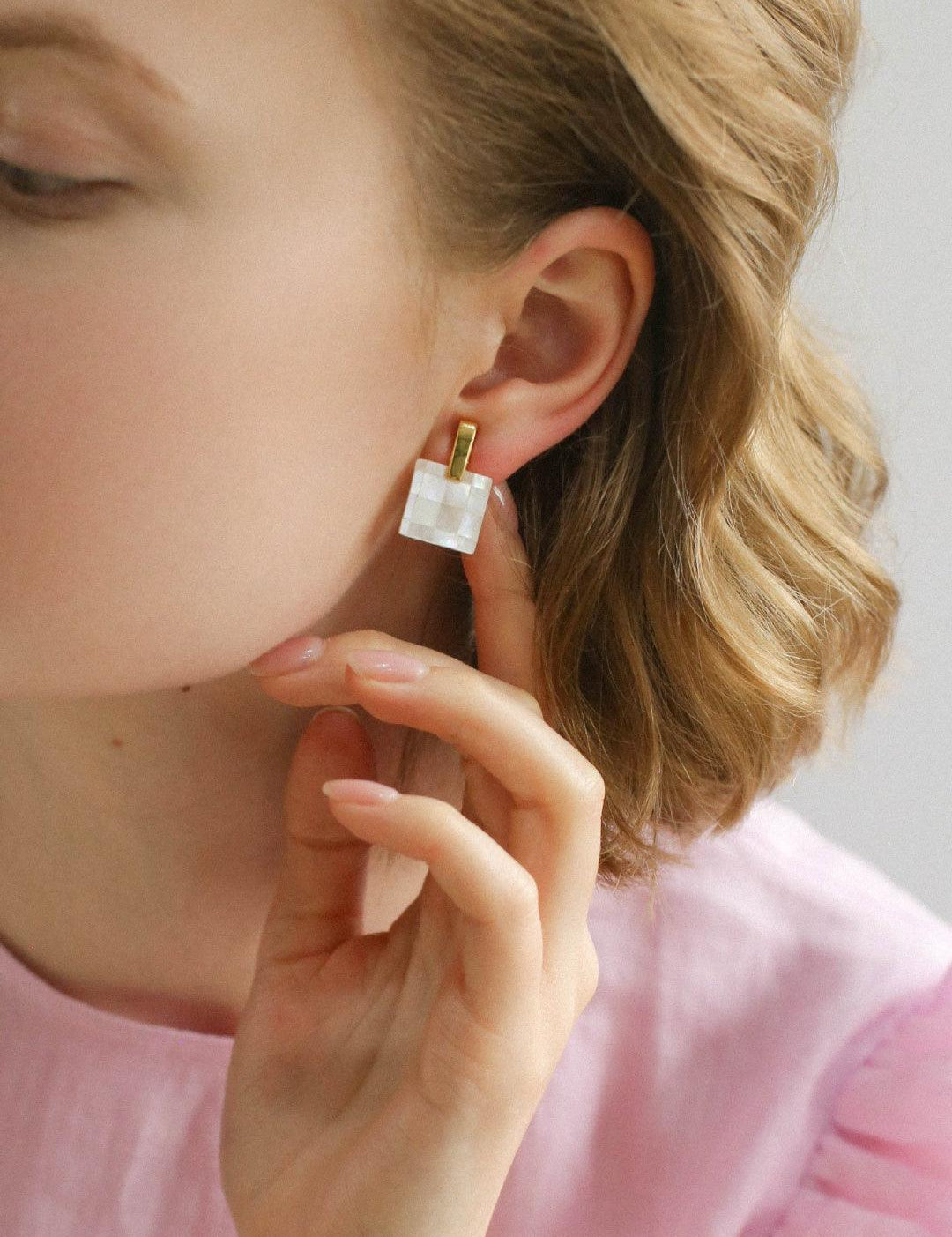 Splice white Mother of Pearl Checkerboard Earrings - Gembea Jewelry