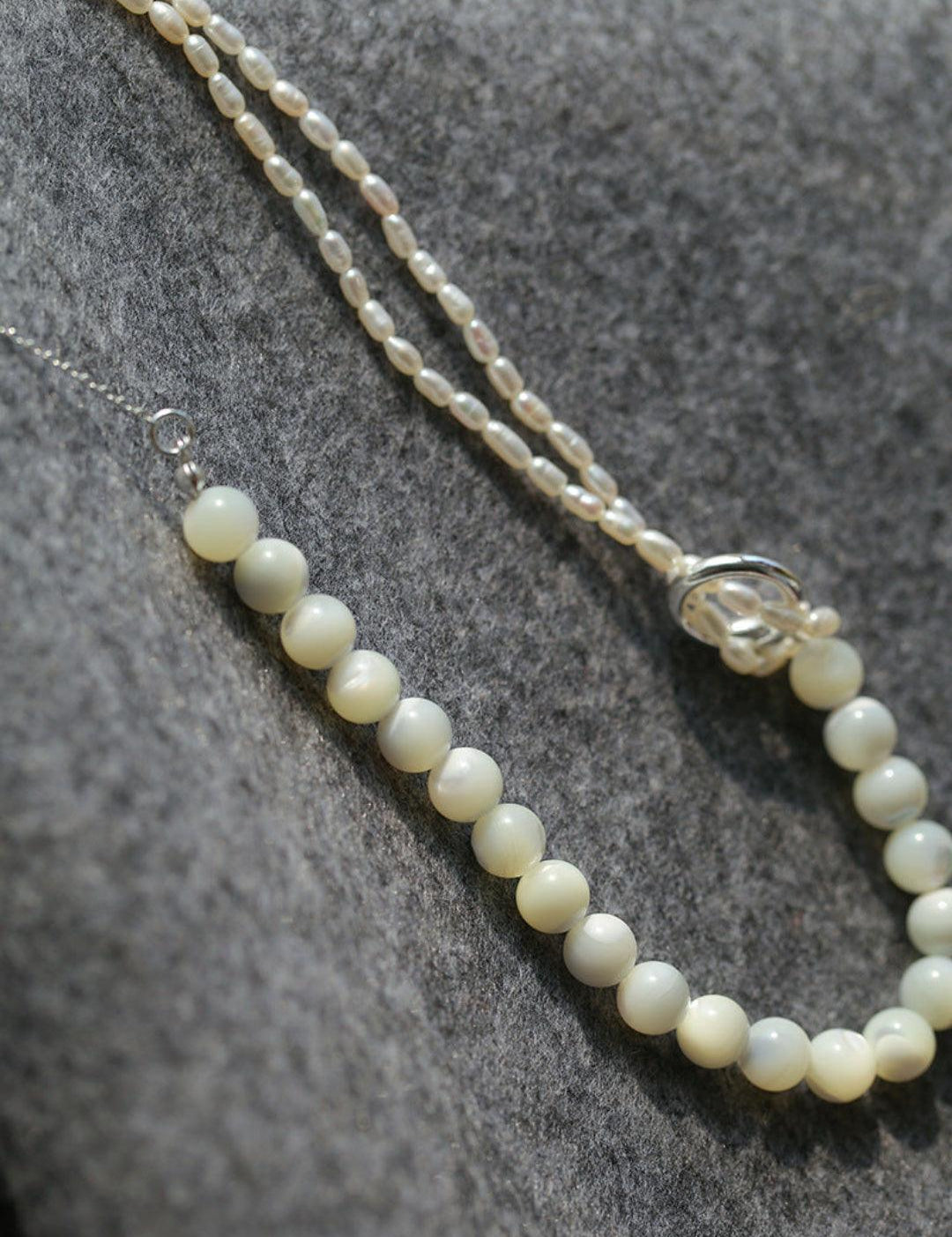 Round Buckle Rice Pearl White Shell Necklace - Gembea Jewelry