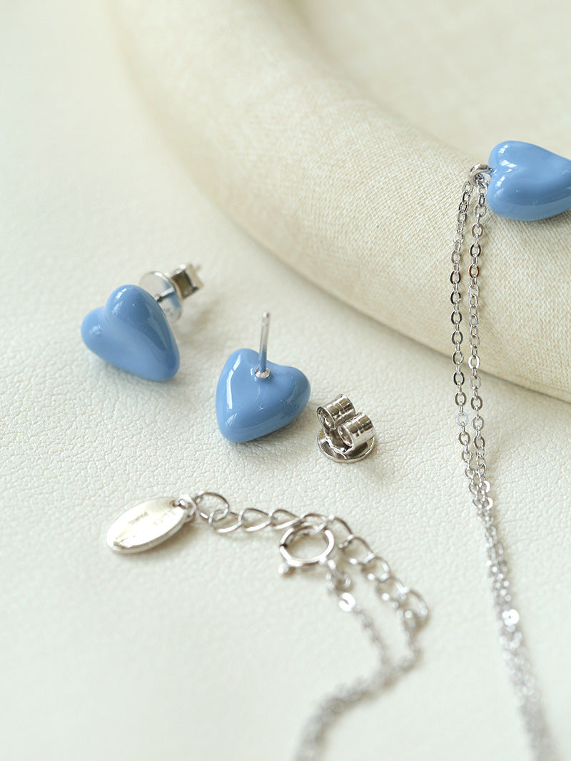 Blue Enamel Heart-shaped Stud Earrings