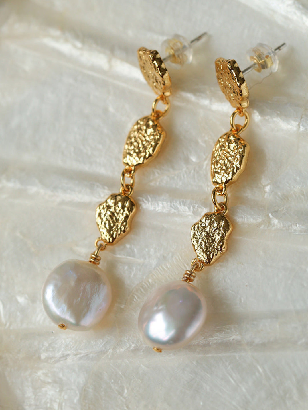 Irregular Gold Coin Button Pearl Earrings