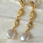 Irregular Gold Coin Button Pearl Earrings