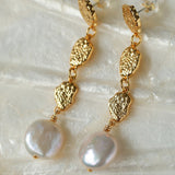 Irregular Gold Coin Button Pearl Earrings