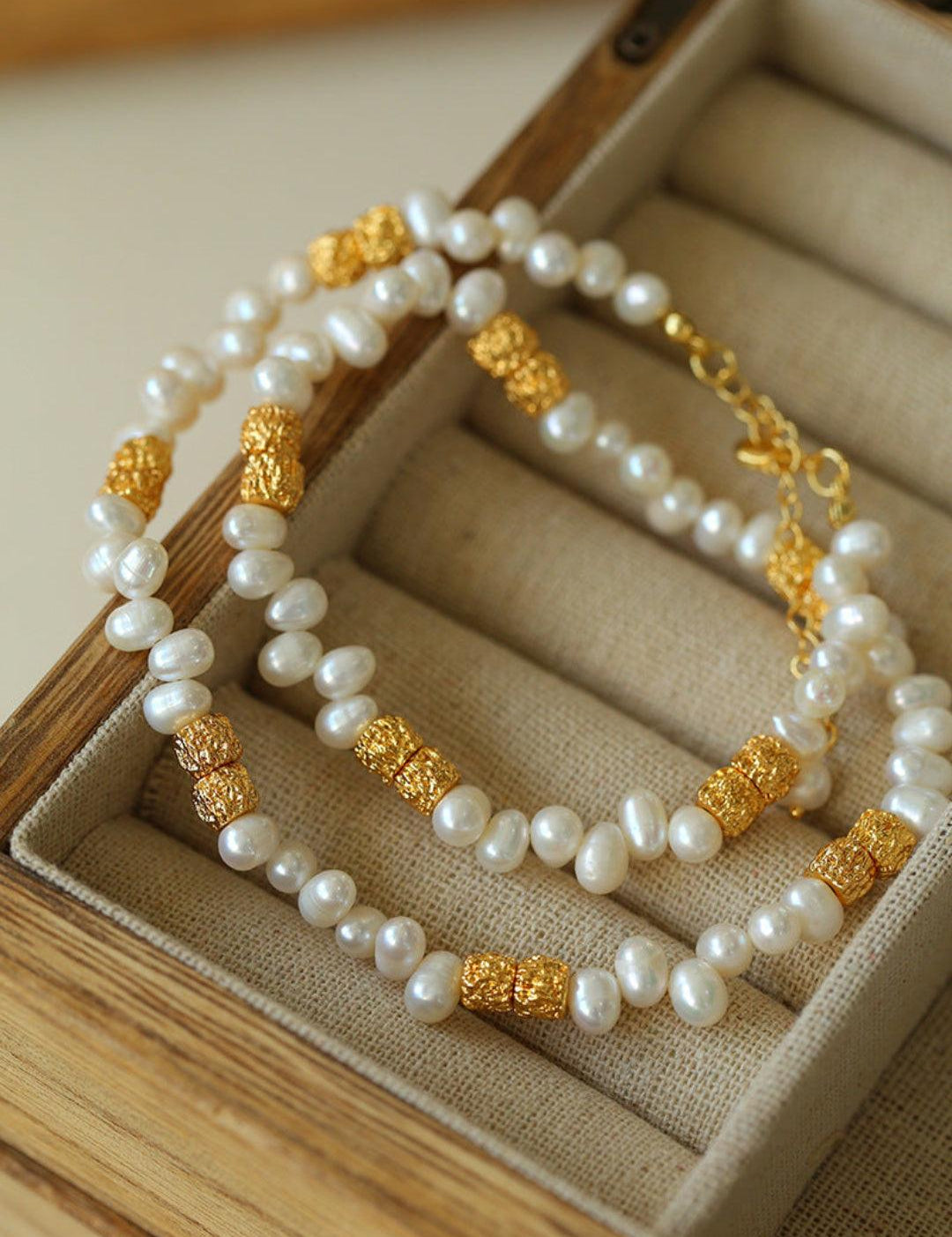 Lava Metal Gold Beans Scattered Pearl Necklace - Gembea Jewelry