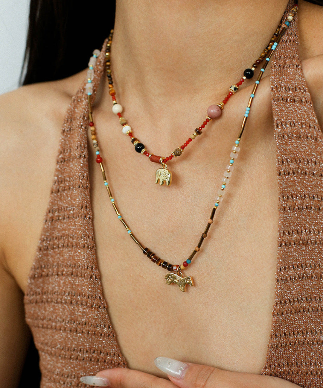 Summer Elephant Pendant Stone Beaded Necklace-Gembea Jewelry