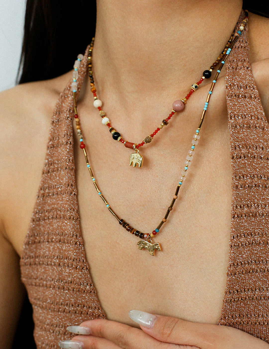 Summer Elephant Pendant Stone Beaded Necklace-Gembea Jewelry