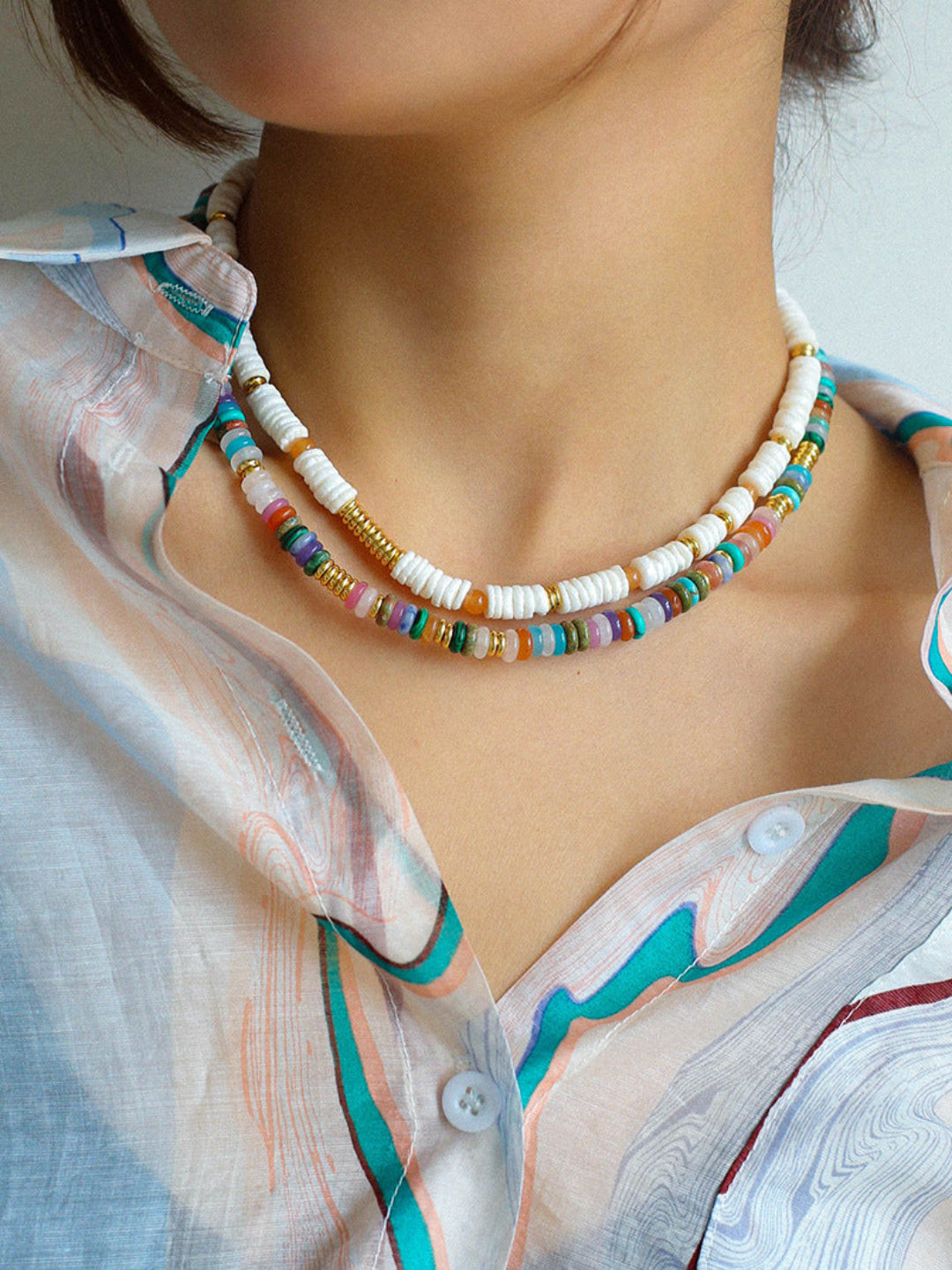 Colored Natural Stone Shell Beaded Choker Necklace