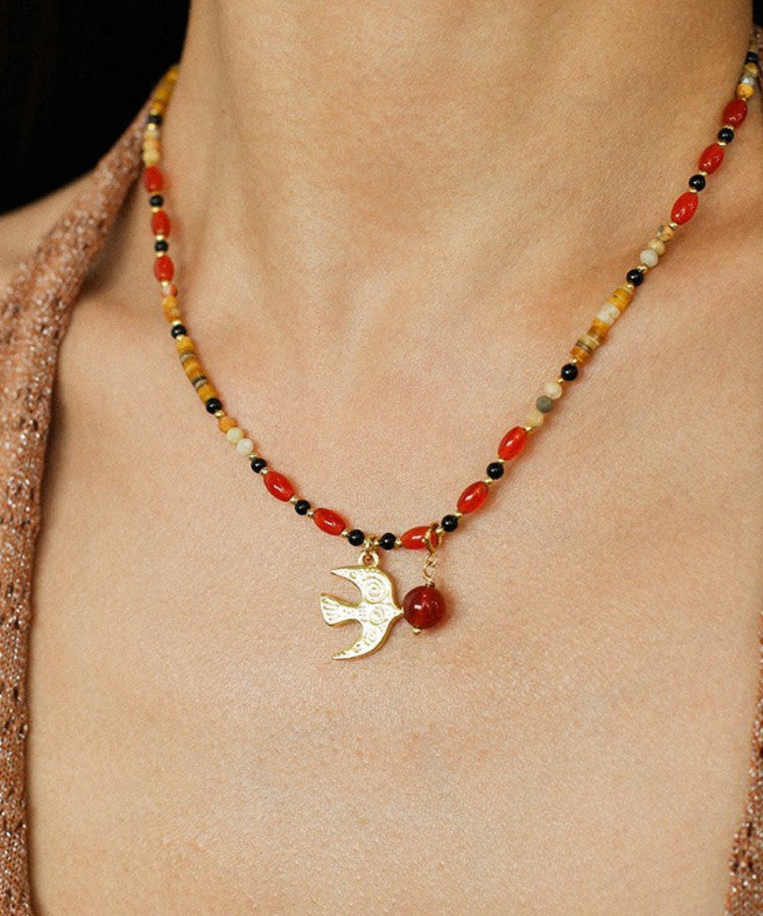 Peace Dove Pendant Agate Beaded Necklace-Gembea Jewelry