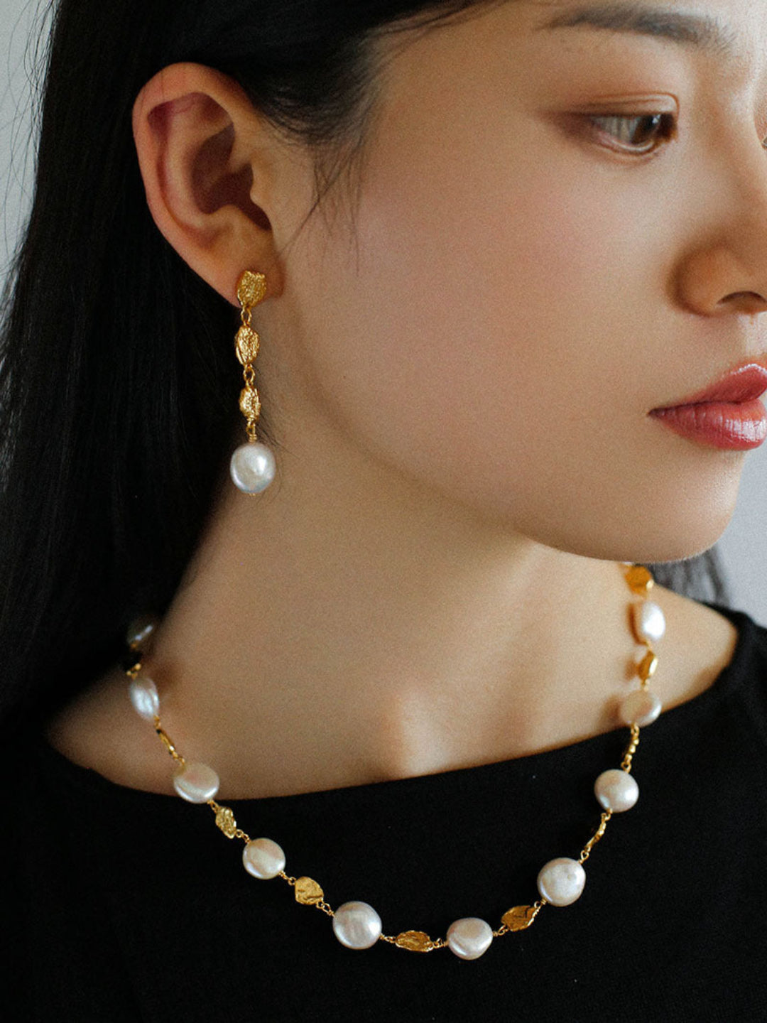 Irregular Gold Coin Button Pearl Earrings