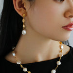 Irregular Gold Coin Button Pearl Earrings