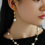 Irregular Gold Coin Button Pearl Earrings