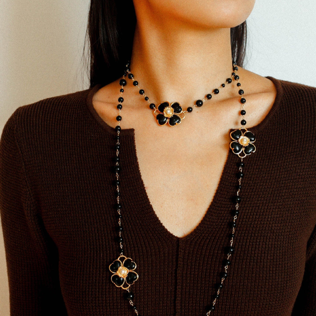 Classic Black Agate Four-leaf Clover Long Necklace