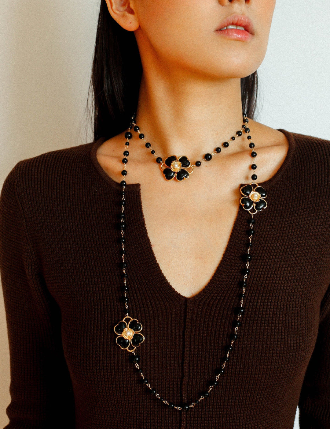 Classic Black Agate Four-leaf Clover Long Necklace