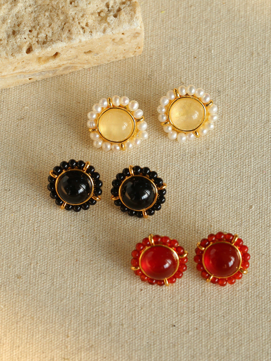 White Crystal Black and Red Agate Stud Earrings