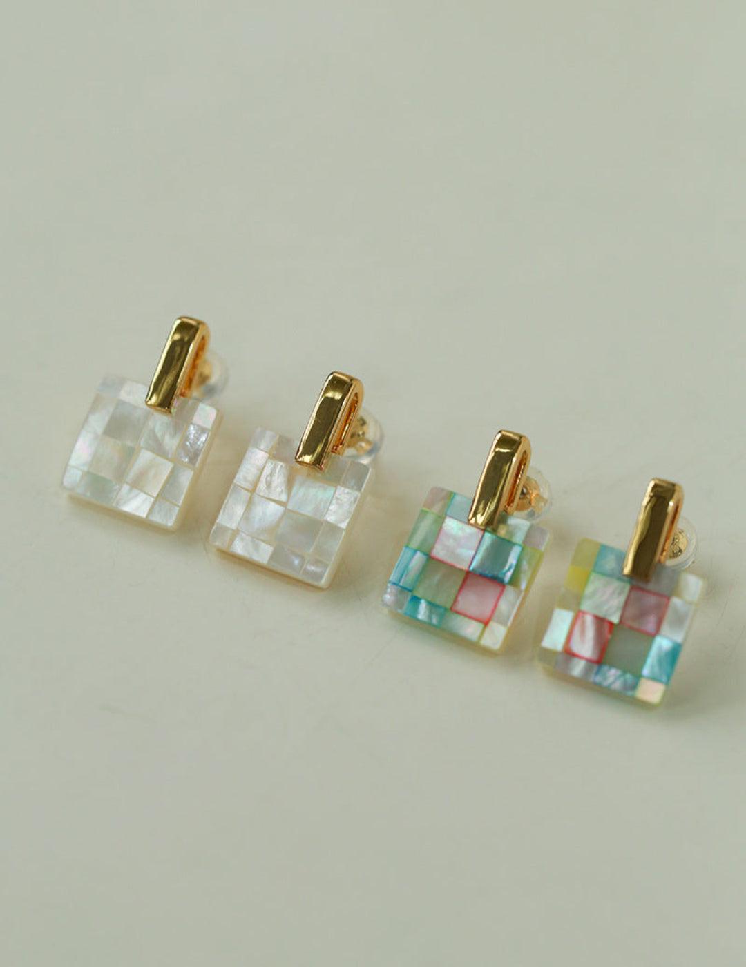 Splice white Mother of Pearl Checkerboard Earrings - Gembea Jewelry