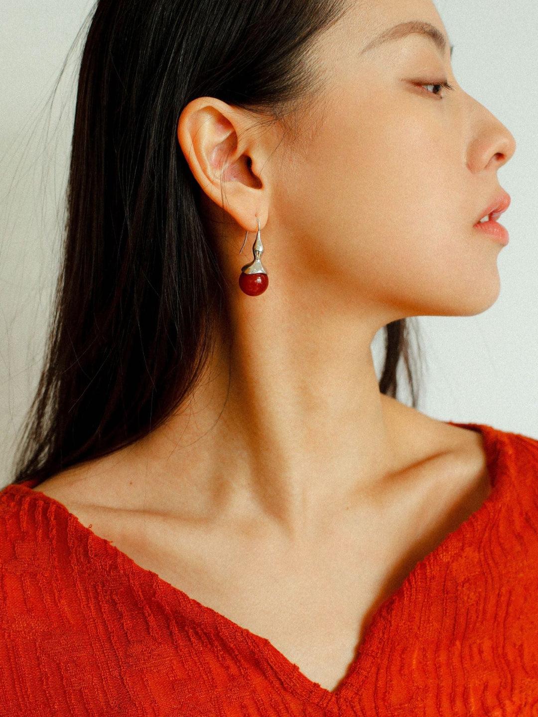 Red and Green Agate Gourd Ear Hook Earrings - Gembea Jewelry