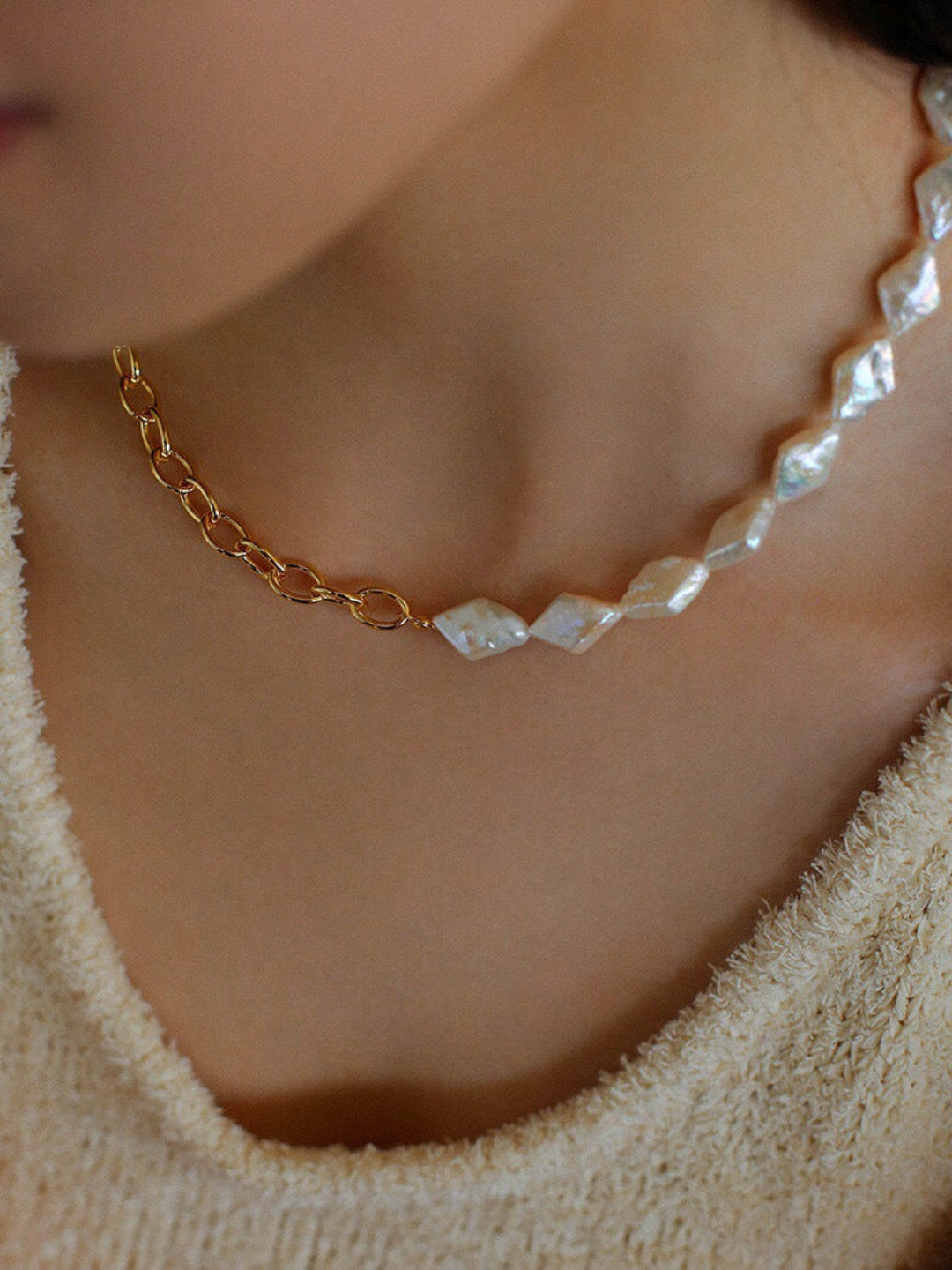 Diamond Baroque Chain Pearl Necklace