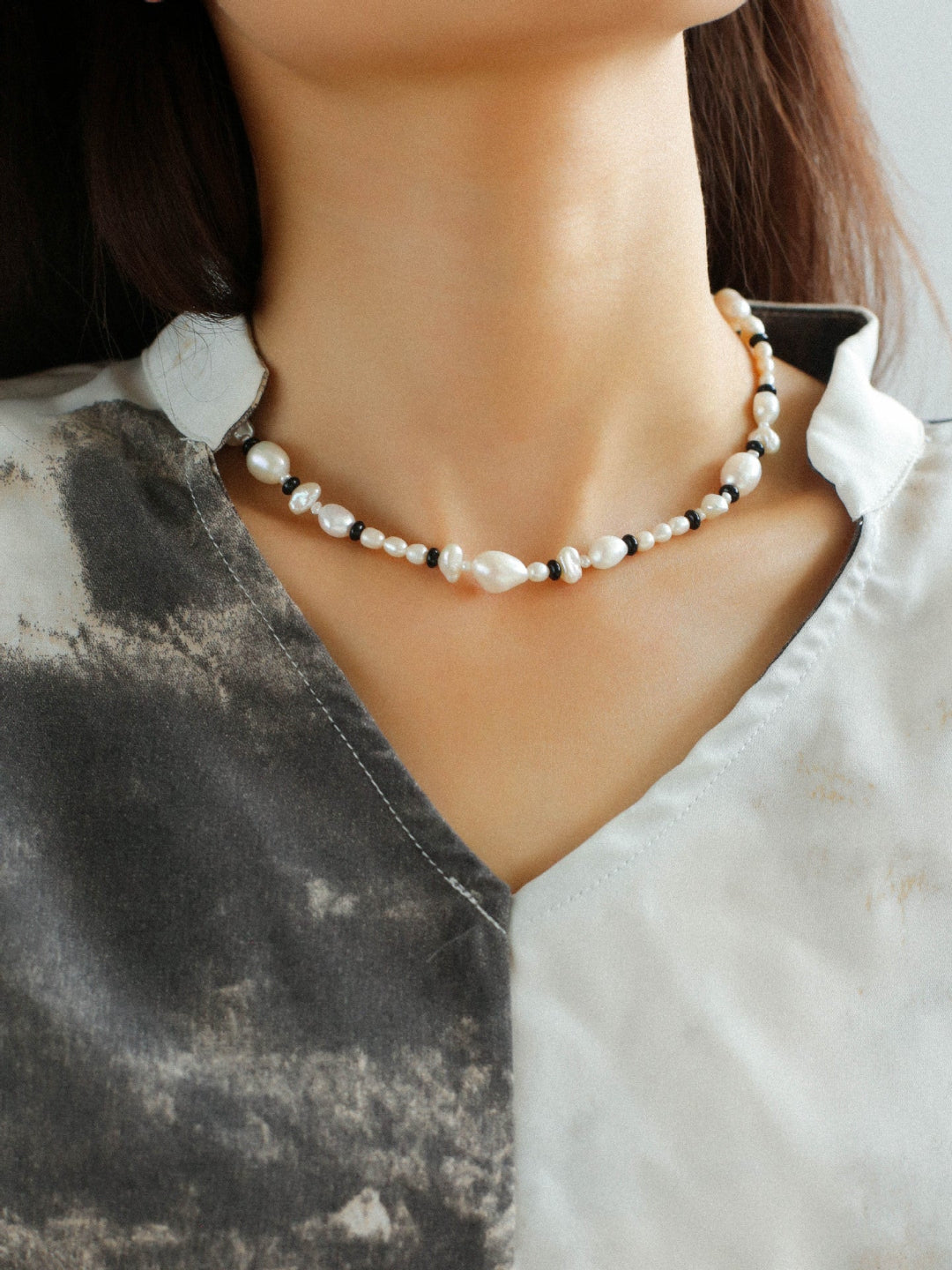 Baroque Pearl Black Agate Beaded Necklace