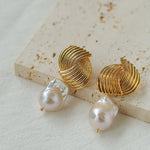 Spiral Striped Metal Baroque Pearl Drop Earrings