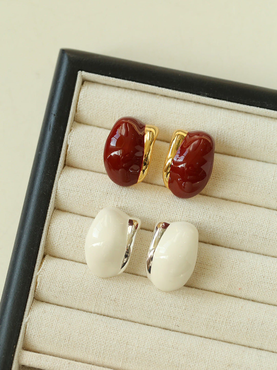 Cream White Wine Red Enamel Earrings