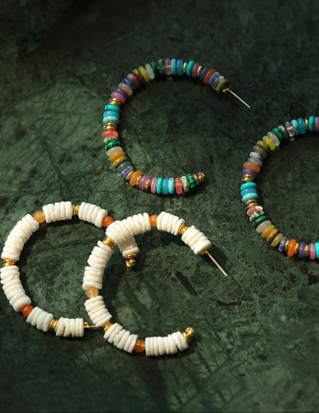 Colored Natural Stone Shell Beaded Hoop Earrings