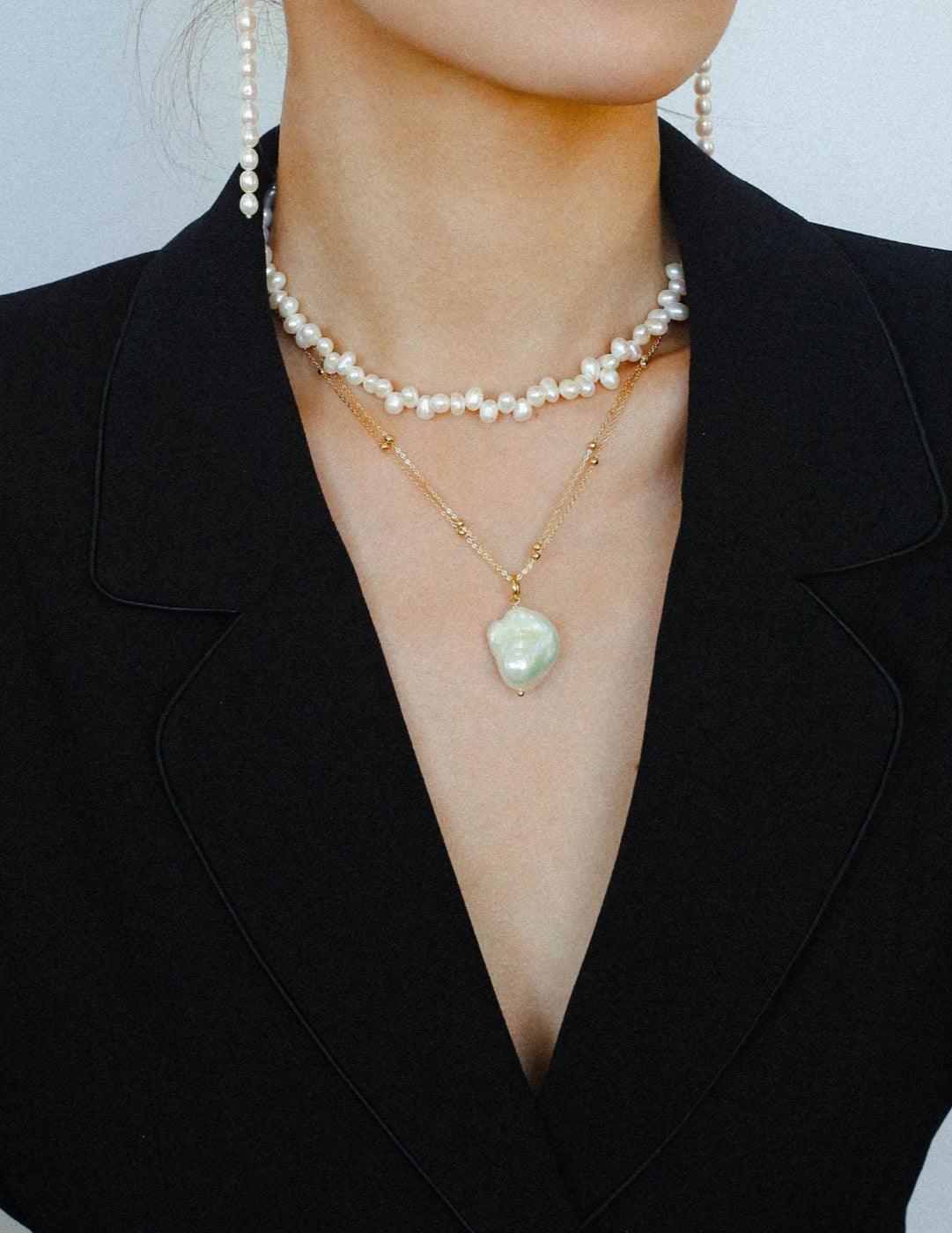 Double Chain Baroque Pendant Necklace - Gembea Jewelry