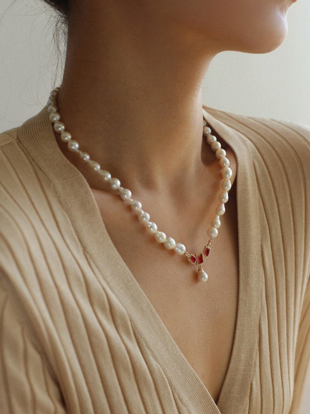 Ruby Zircon Drop Pearl Beaded Necklace - Gembea Jewelry